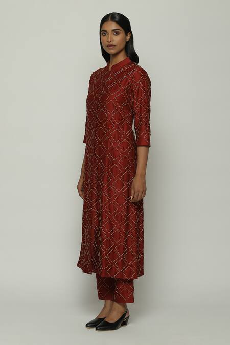 Abraham And Thakore Red Chanderi Embroidery Mandarin Collar Cut Dana Shirt Online at Aza Fashions Abraham And Thakore_Red Chanderi Embroidery Mandarin Collar Cut Dana Shirt_Online_at_Aza_Fashions