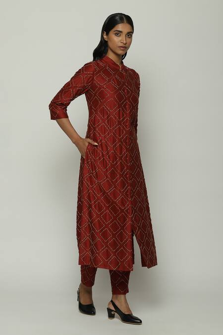 Buy Abraham And Thakore Red Chanderi Embroidery Mandarin Collar Cut Dana Shirt Online at Aza Fashions Buy_Abraham And Thakore_Red Chanderi Embroidery Mandarin Collar Cut Dana Shirt_Online_at_Aza_Fashions