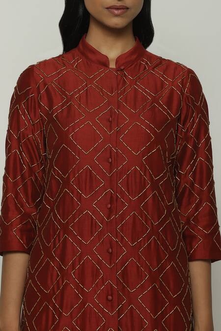 Shop Abraham And Thakore Red Chanderi Embroidery Mandarin Collar Cut Dana Shirt Online at Aza Fashions Shop_Abraham And Thakore_Red Chanderi Embroidery Mandarin Collar Cut Dana Shirt_Online_at_Aza_Fashions