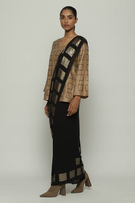 Abraham And Thakore_Black Silk Sequins, Cut Work Square Embroidered Bordered Saree_Online_at_Aza_Fashions