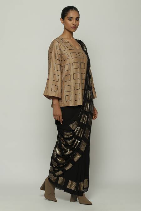 Buy_Abraham And Thakore_Black Silk Sequins, Cut Work Square Embroidered Bordered Saree_Online_at_Aza_Fashions