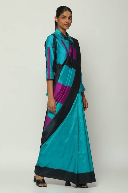 Abraham And Thakore_Blue Silk Rothko Ikat Stripe Pattern Saree_Online_at_Aza_Fashions