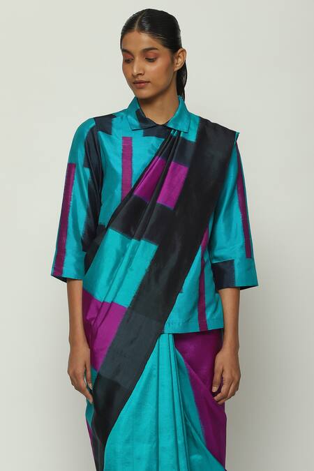 Buy_Abraham And Thakore_Blue Silk Rothko Ikat Stripe Pattern Saree_Online_at_Aza_Fashions