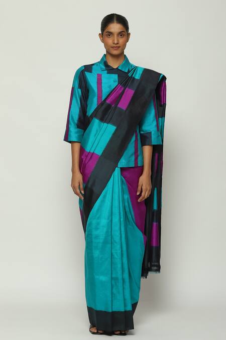 Shop_Abraham And Thakore_Blue Silk Rothko Ikat Stripe Pattern Saree_Online_at_Aza_Fashions