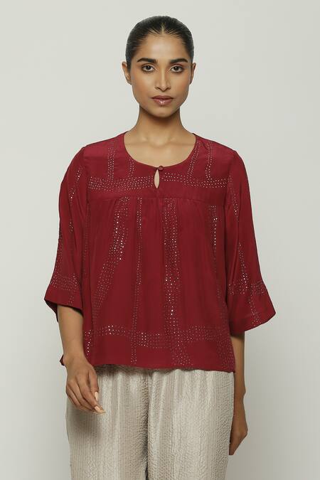 Abraham And Thakore_Red Silk Mirrors Keyhole Neck Mukaish Embroidered Top_Online_at_Aza_Fashions