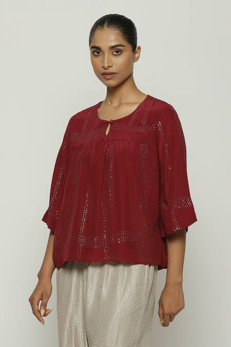 Buy_Abraham And Thakore_Red Silk Mirrors Keyhole Neck Mukaish Embroidered Top_Online_at_Aza_Fashions