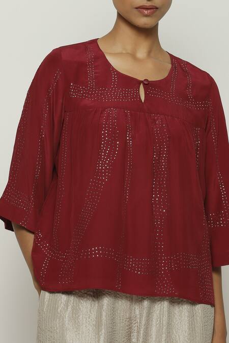 Abraham And Thakore_Red Silk Mirrors Keyhole Neck Mukaish Embroidered Top_at_Aza_Fashions
