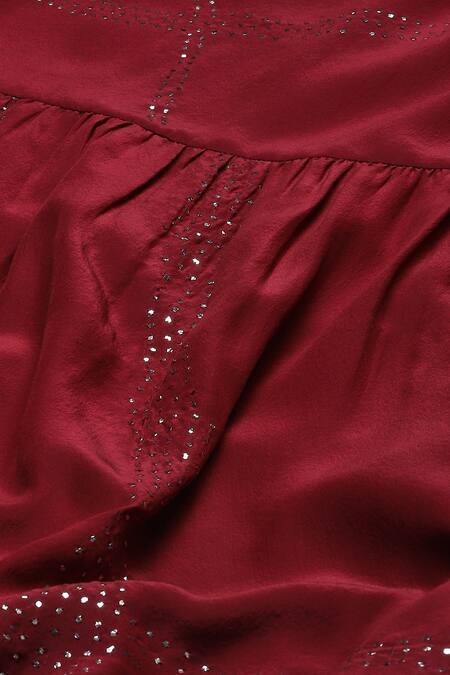 Buy_Abraham And Thakore_Red Silk Mirrors Keyhole Neck Mukaish Embroidered Top