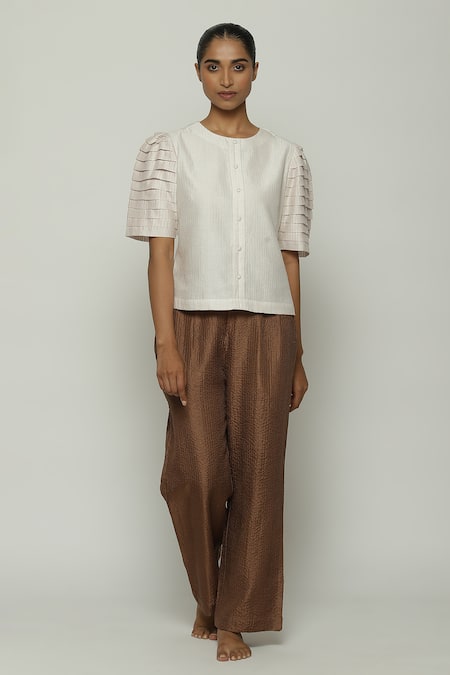 Abraham & Thakore Pleated Puff Sleeve Silk Top 