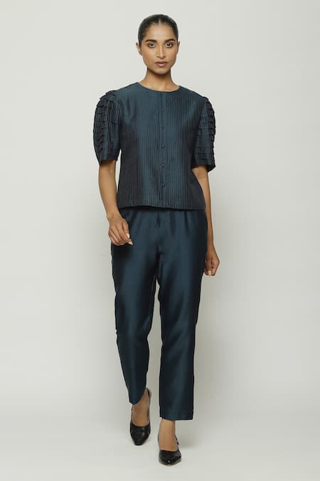 Abraham And Thakore Blue Chanderi Embroidery Round Neck Pleated Puff Sleeve Top