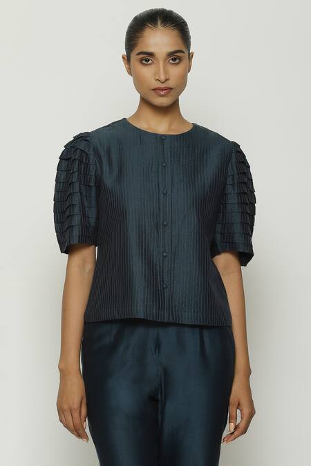 Abraham And Thakore_Blue Chanderi Embroidery Round Neck Pleated Puff Sleeve Top_Online_at_Aza_Fashions