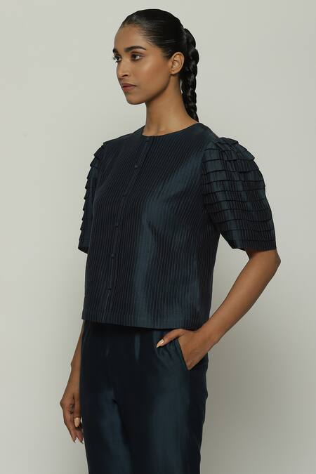 Buy_Abraham And Thakore_Blue Chanderi Embroidery Round Neck Pleated Puff Sleeve Top_Online_at_Aza_Fashions
