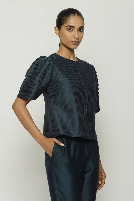 Shop_Abraham And Thakore_Blue Chanderi Embroidery Round Neck Pleated Puff Sleeve Top_Online_at_Aza_Fashions