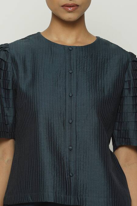 Abraham And Thakore_Blue Chanderi Embroidery Round Neck Pleated Puff Sleeve Top_at_Aza_Fashions