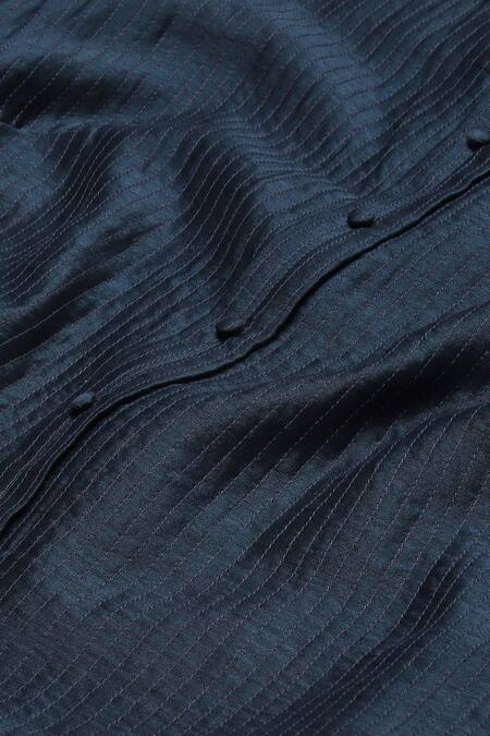 Buy_Abraham And Thakore_Blue Chanderi Embroidery Round Neck Pleated Puff Sleeve Top