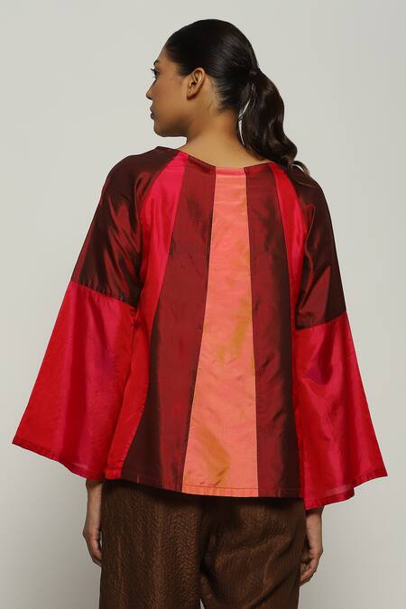 Shop_Abraham And Thakore_Orange Silk Patchwork Round Neck Color Block Top_at_Aza_Fashions