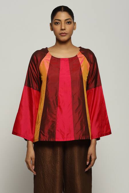 Abraham And Thakore_Orange Silk Patchwork Round Neck Color Block Top_Online_at_Aza_Fashions