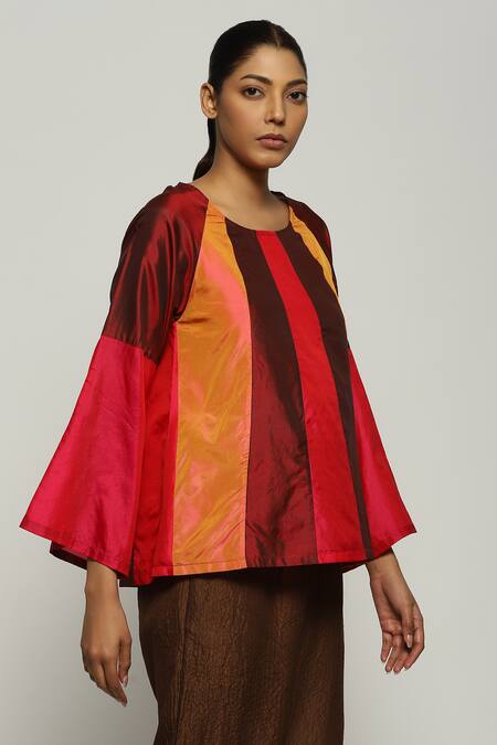 Buy_Abraham And Thakore_Orange Silk Patchwork Round Neck Color Block Top_Online_at_Aza_Fashions