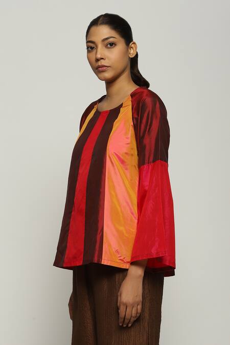 Shop_Abraham And Thakore_Orange Silk Patchwork Round Neck Color Block Top_Online_at_Aza_Fashions