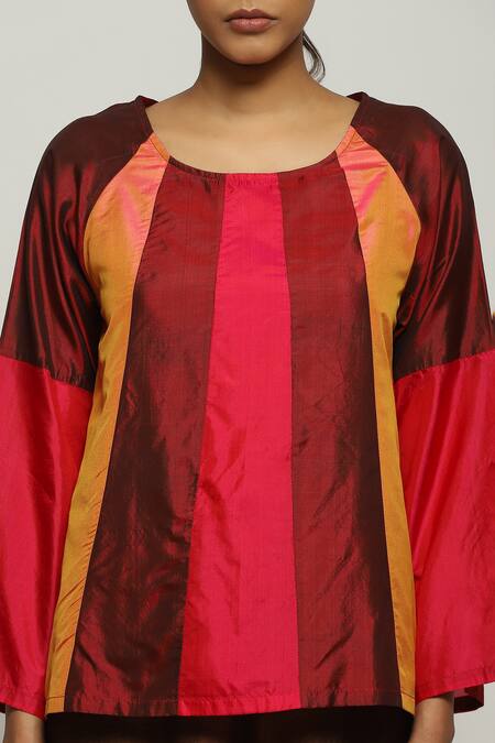 Abraham And Thakore_Orange Silk Patchwork Round Neck Color Block Top_at_Aza_Fashions