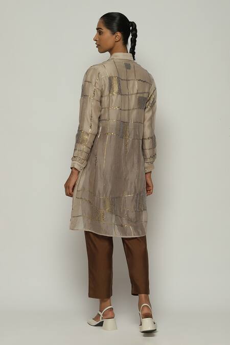 Shop Abraham And Thakore Grey Silk Sequins, Embroidery Open Neck Tribal Checks Jacket at Aza Fashions Shop_Abraham And Thakore_Grey Silk Sequins, Embroidery Open Neck Tribal Checks Jacket_at_Aza_Fashions