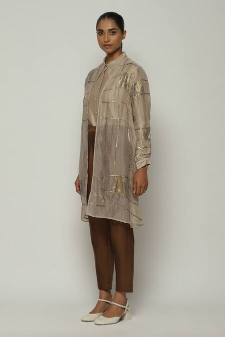 Abraham And Thakore Grey Silk Sequins, Embroidery Open Neck Tribal Checks Jacket Online at Aza Fashions Abraham And Thakore_Grey Silk Sequins, Embroidery Open Neck Tribal Checks Jacket_Online_at_Aza_Fashions