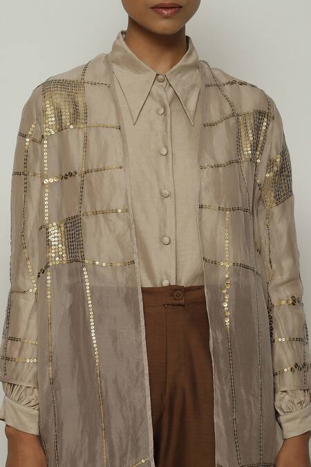 Shop Abraham And Thakore Grey Silk Sequins, Embroidery Open Neck Tribal Checks Jacket Online at Aza Fashions Shop_Abraham And Thakore_Grey Silk Sequins, Embroidery Open Neck Tribal Checks Jacket_Online_at_Aza_Fashions