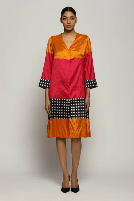 Abraham And Thakore Multi Color Silk V-neck Ikat Pattern Kimono Jacket 