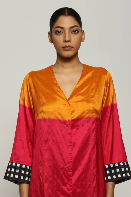 Shop_Abraham And Thakore_Multi Color Silk V-neck Ikat Pattern Kimono Jacket_Online_at_Aza_Fashions