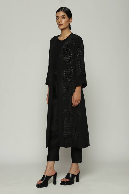 Abraham And Thakore_Black Silk Mirrors Open Neck Paisley Embroidered Jacket_Online_at_Aza_Fashions