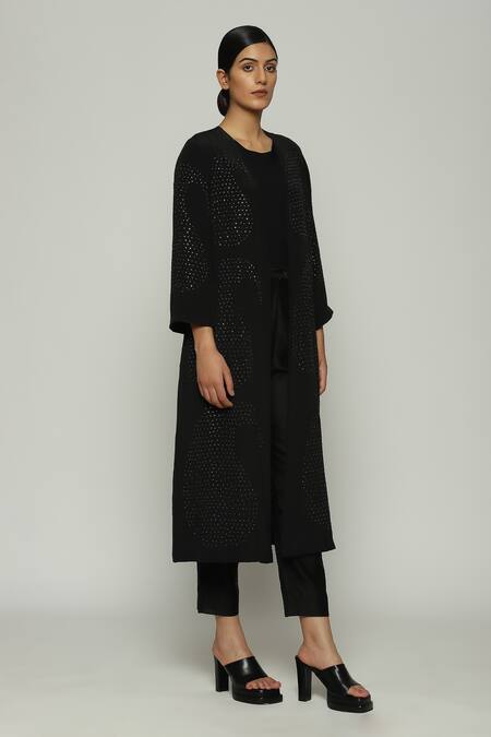 Buy_Abraham And Thakore_Black Silk Mirrors Open Neck Paisley Embroidered Jacket_Online_at_Aza_Fashions
