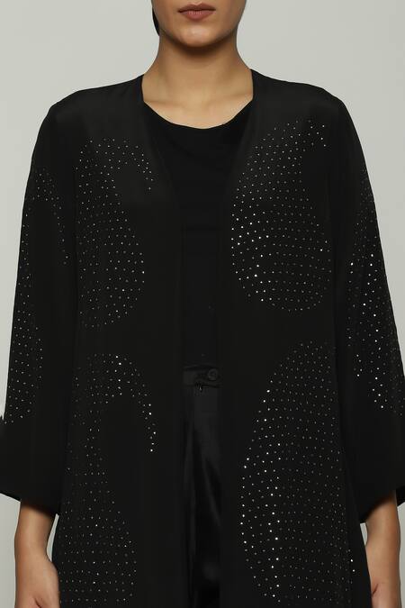 Shop_Abraham And Thakore_Black Silk Mirrors Open Neck Paisley Embroidered Jacket_Online_at_Aza_Fashions