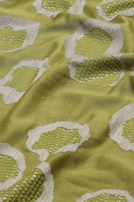 Abraham And Thakore_Green Chanderi Sequins Split V-neck Ring And Aari Work Kurta_at_Aza_Fashions