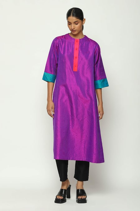 Abraham & Thakore Shot Silk Stitchline Thread Work Kurta 