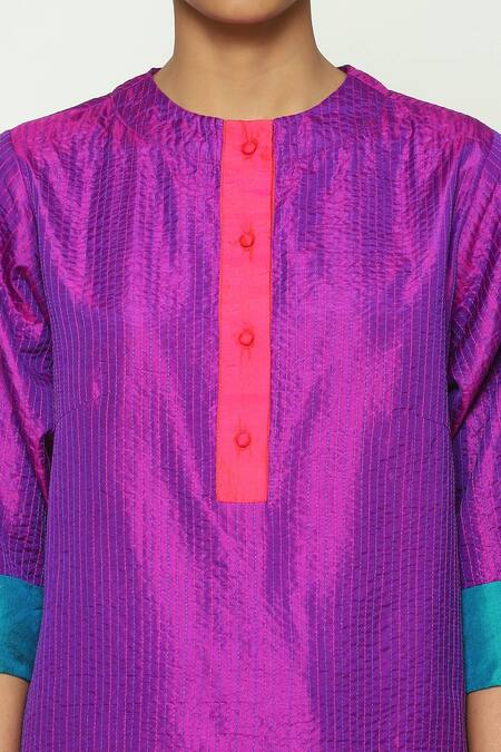 Buy_Abraham And Thakore_Purple Silk Embroidery Round Neck Shot Stitchline Thread Work Kurta_Online_at_Aza_Fashions