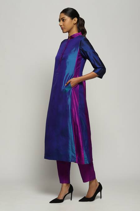 Abraham And Thakore_Blue Silk Mandarin Collar Patchwork Kurta_Online_at_Aza_Fashions