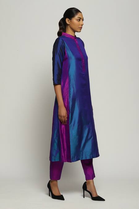 Buy_Abraham And Thakore_Blue Silk Mandarin Collar Patchwork Kurta_Online_at_Aza_Fashions