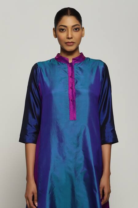 Shop_Abraham And Thakore_Blue Silk Mandarin Collar Patchwork Kurta_Online_at_Aza_Fashions