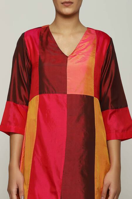 Shop_Abraham And Thakore_Orange Silk V-neck Patchwork V Kurta_Online_at_Aza_Fashions