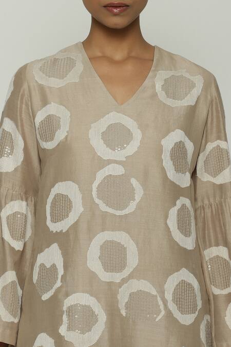 Shop_Abraham And Thakore_Grey Chanderi Sequins V-neck Aari Ring And Work Dress_Online_at_Aza_Fashions