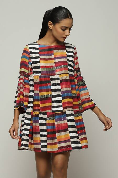 Abraham And Thakore_Red Silk Sequins, Embroidery Boat Neck Block Print Dress_Online_at_Aza_Fashions