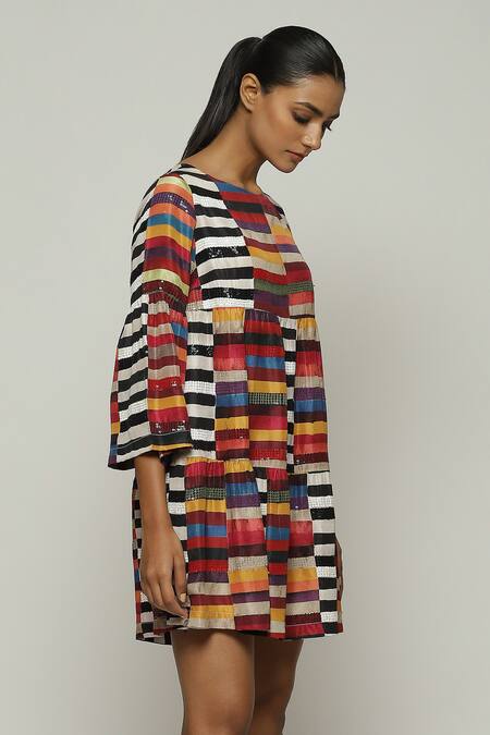Shop_Abraham And Thakore_Red Silk Sequins, Embroidery Boat Neck Block Print Dress_Online_at_Aza_Fashions