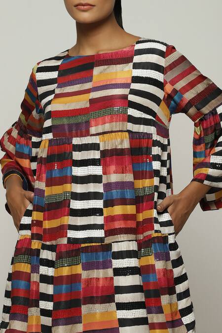 Abraham And Thakore_Red Silk Sequins, Embroidery Boat Neck Block Print Dress_at_Aza_Fashions