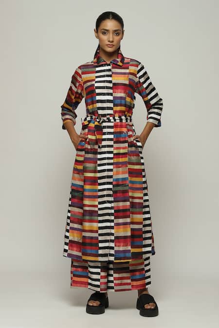 Abraham & Thakore Red Silk Printed Block Spread Collar Shirt Dress 