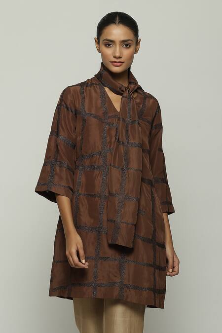 Abraham And Thakore_Brown Silk Embroidery V-neck Tribal Badla Dress_Online_at_Aza_Fashions