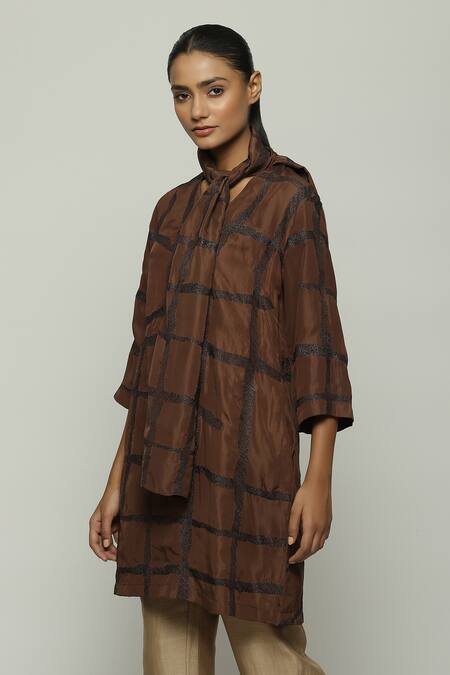 Buy_Abraham And Thakore_Brown Silk Embroidery V-neck Tribal Badla Dress_Online_at_Aza_Fashions