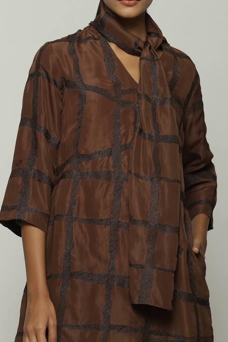 Abraham And Thakore_Brown Silk Embroidery V-neck Tribal Badla Dress_at_Aza_Fashions