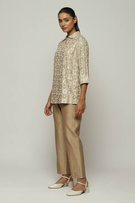 Abraham And Thakore_Grey Silk Sequins, Beads Collared Circle Print Shirt_Online_at_Aza_Fashions
