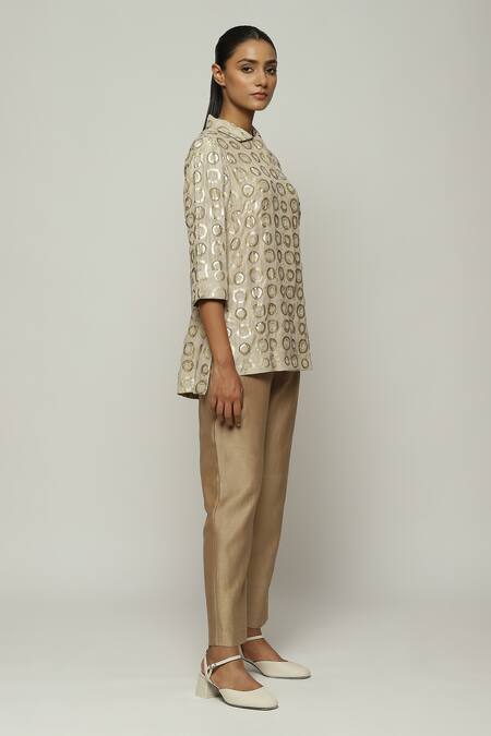 Buy_Abraham And Thakore_Grey Silk Sequins, Beads Collared Circle Print Shirt_Online_at_Aza_Fashions