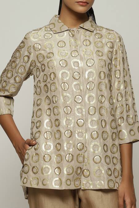 Shop_Abraham And Thakore_Grey Silk Sequins, Beads Collared Circle Print Shirt_Online_at_Aza_Fashions